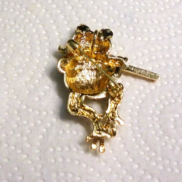 Frog Pin/Pendant Playing Flute Emerald Green Crystal Pave Gold Plate NWT M217 - Picture 5 of 6